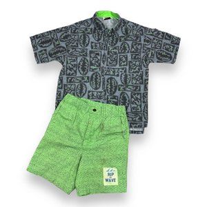 Vintage 90s Gray Green Neon Surf Skate Cool USA T-shirt Boys S 8/10 Shorts Set